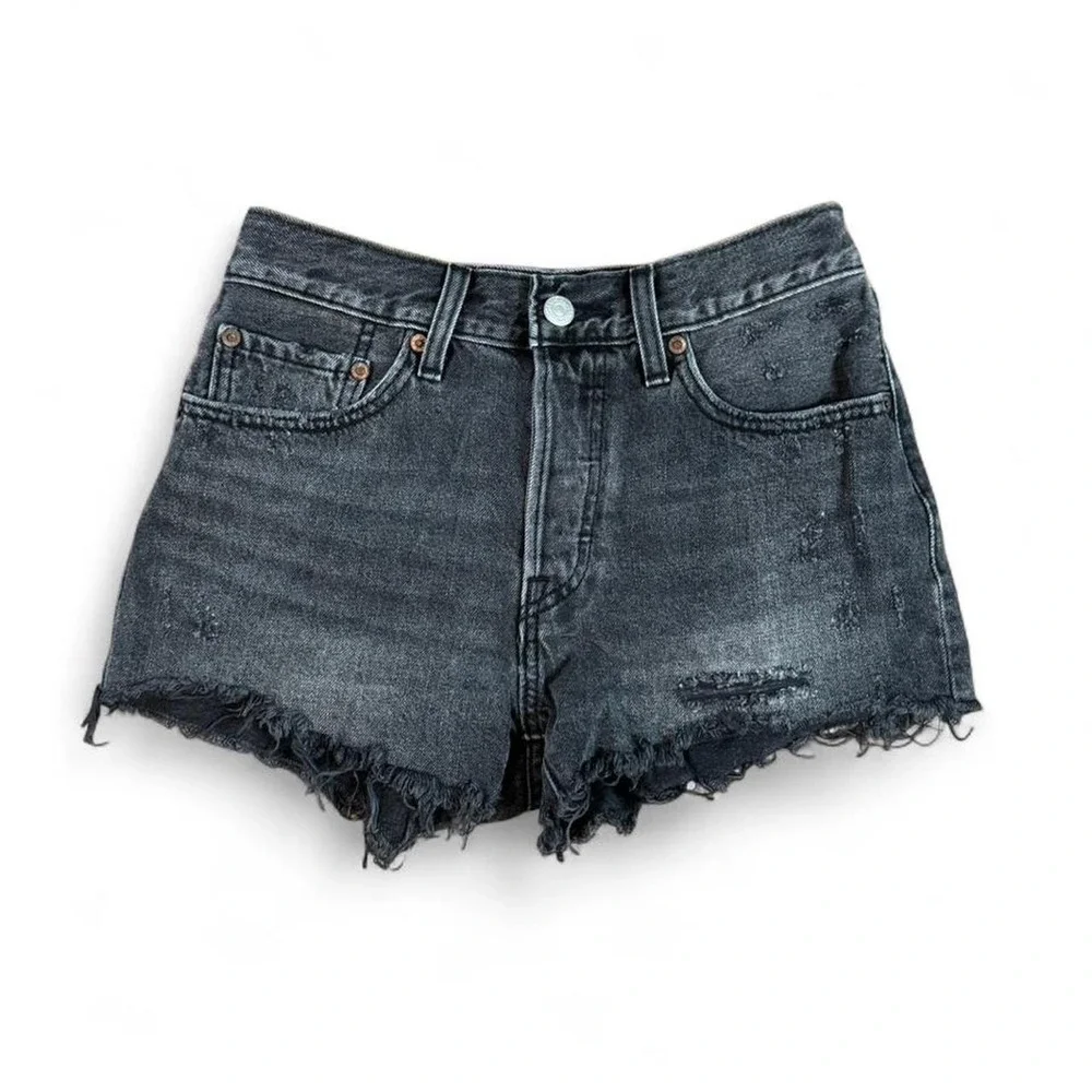 Levi's tailored 501 black denim shorts with frayed hem size womens 26